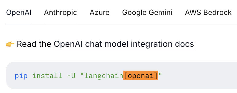langchain 官方文档中的 pip install -U "langchain[openai]" 示例
