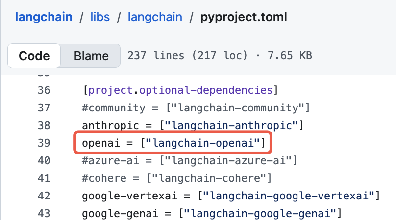 langchain 的 pyproject.toml 中 openai optional-dependencies 配置